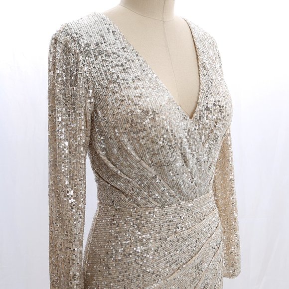 Sequin Long Sleeves V Nevk Cocktail Short Dress Cocktail Wedding New Year Party - Picture 4 of 7